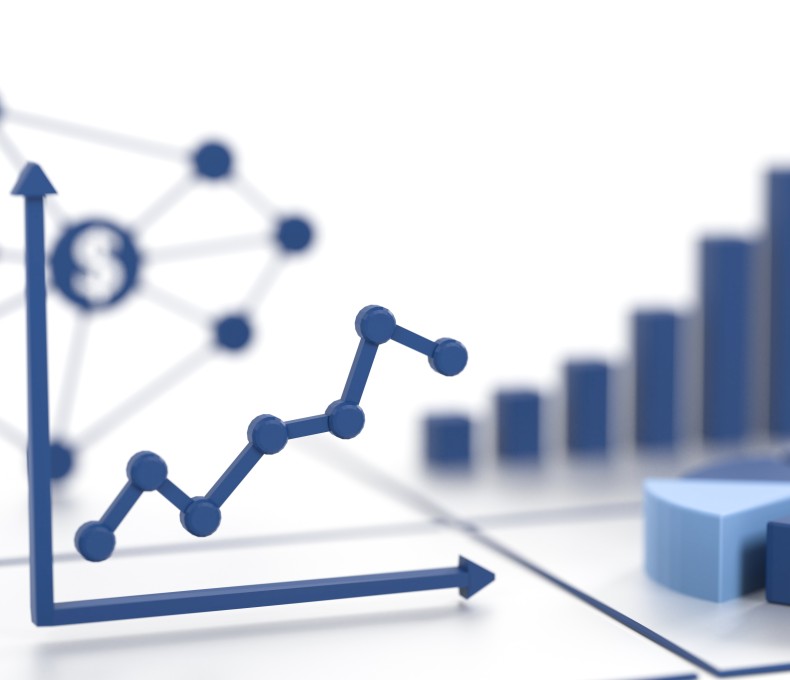 Das Bild zeigt eine abstrahierte Darstellung verschiedener Diagrammtypen, die typischerweise in der Datenanalyse und Statistik verwendet werden. Im Vordergrund befindet sich ein Liniendiagramm mit verbundenen Punkten, das einen ansteigenden Trend darstellt. Rechts davon ist ein Balkendiagramm zu sehen, dessen Balken in aufsteigender Reihenfolge dargestellt sind. Im Vordergrund rechts befindet sich ein Kreisdiagramm, bei dem einige Segmente hervorgehoben sind, um unterschiedliche Werte zu verdeutlichen. Im Hintergrund ist ein Symbol zu sehen, das einen Geldbetrag ($) in einem Netzwerk von verbundenen Punkten darstellt, was möglicherweise auf finanzielle Verbindungen oder Netzwerkanalysen hinweist. Die Farbgestaltung ist in verschiedenen Blautönen gehalten, was dem Bild eine professionelle und analytische Ausstrahlung verleiht.