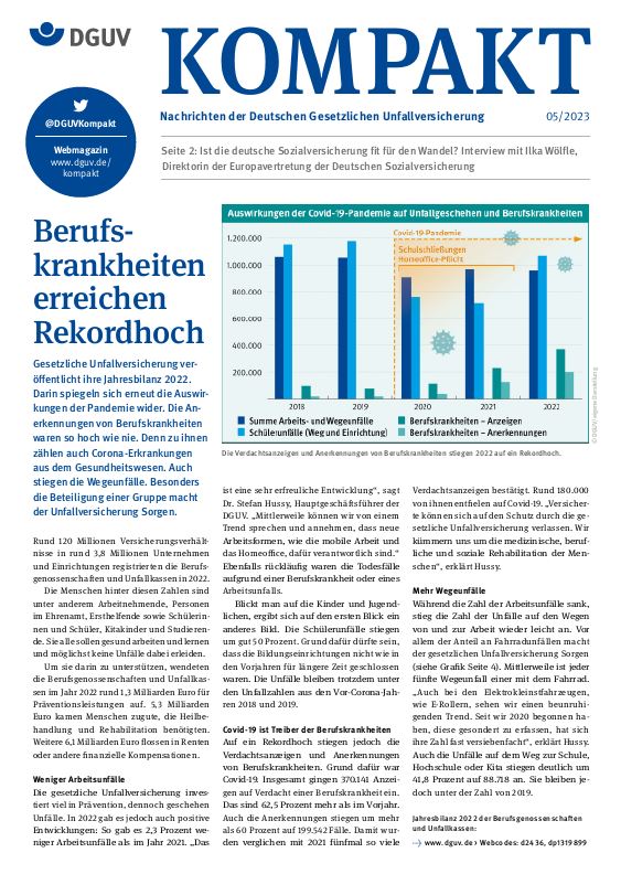 Titelbild DGUV Kompakt 5/2023 mit der Titelstory: Berufskrankheiten erreichen Rekordhoch