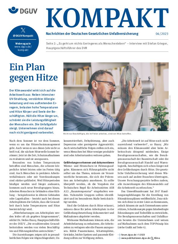 Titelbild DGUV Kompakt 6/2023 mit der Titelstory: Ein Plan gegen Hitze