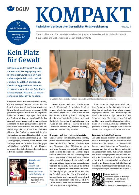 Titelbild DGUV Kompakt 1/2024 mit der Titelstory: Schulen: Keine Platz für Gewalt